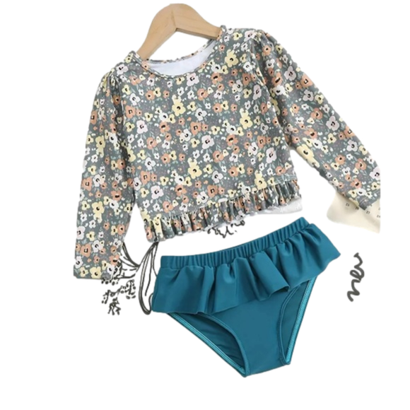 Other - Girls Tankini Swimsuit Flowers Graphic Ruffled Hem Long Sleeve Top Set sz 7/8